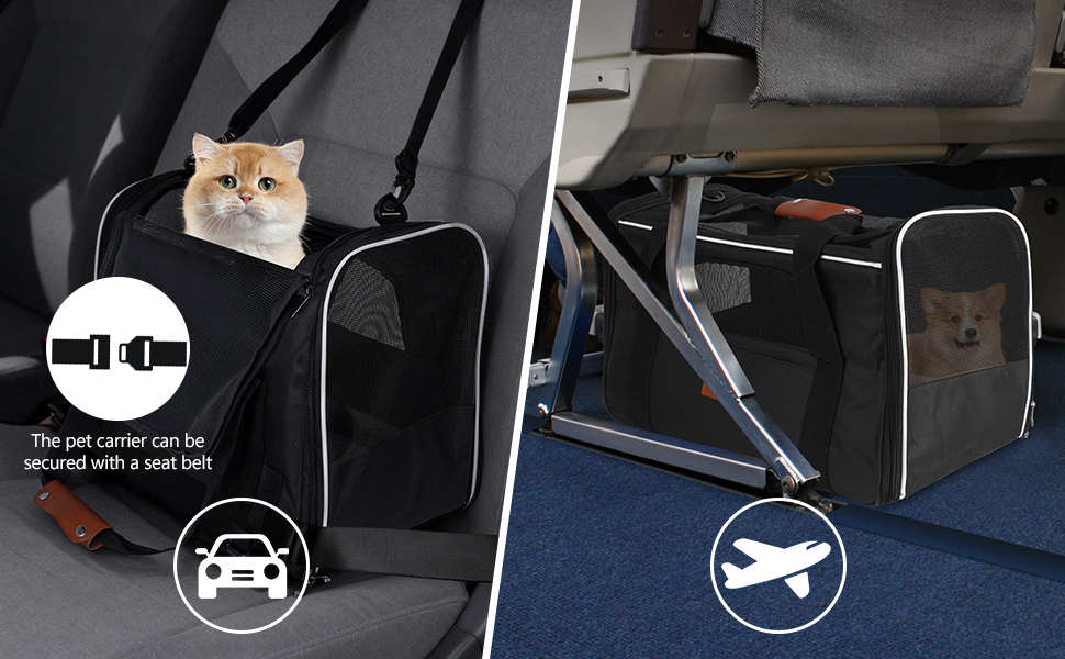 Транспортна сумка для кота, переноска для кота, складана переноска для кота в літаку, переноска для тварин з мискою та флісовим килимком, переноска для котів та маленьких собак до 10 кг (Чорна)