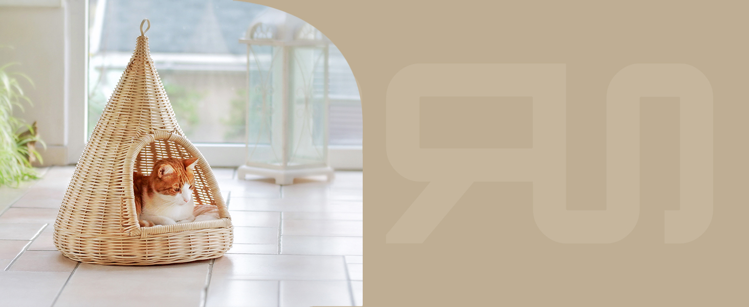 Кігтеточка-лежанка для котів Rohrschneider Sammy | Гніздо з ротанга, з м'якою подушкою, для підвішування та встановлення | 45x45x55 см, бежевий | Натуральні матеріали
