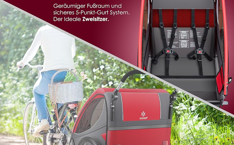 Дитячий причіп KESSER® 2в1 для велосипеда з поворотним з'єднанням 360° та амортизацією. Підходить для 1-2 дітей (до 40 кг), з 5-точковим ременем безпеки та прапором.