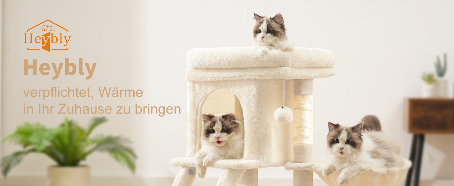 Кігтеточка для котів Heybly Kratzbaum 75 см з платформою, печерою, гамаком, драбиною та іграшками, бежева HCT009SM