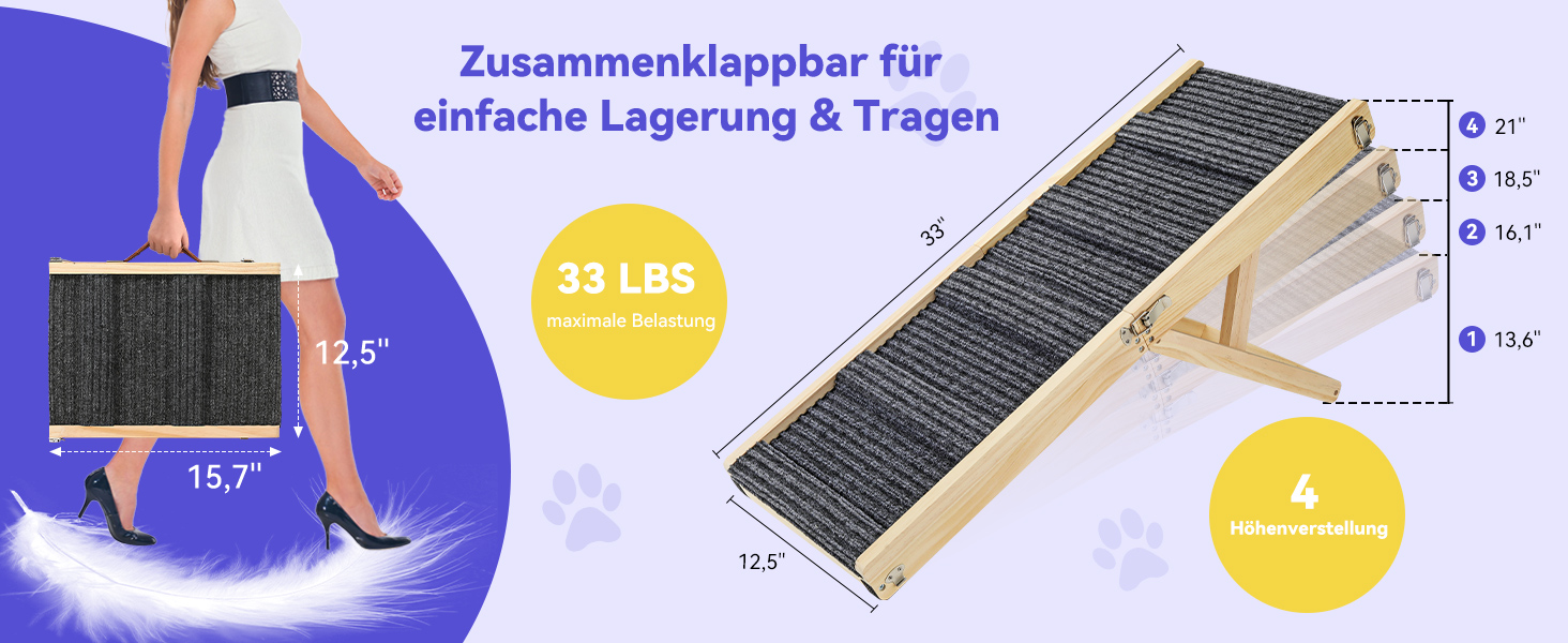 Рампа для собак Pawaboo, дерев'яна, 4 положення висоти, 13,6'-21', для маленьких собак та котів, з антиковзним покриттям, для ліжка/дивану, горіх, 80x30 см