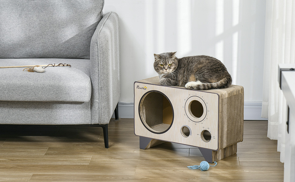 Радіоподібний кігтеточильний комплекс для котів PawHut з котячою м'ятою, 2-в-1 дім з гофрокартону, 57 x 24,5 x 39 см