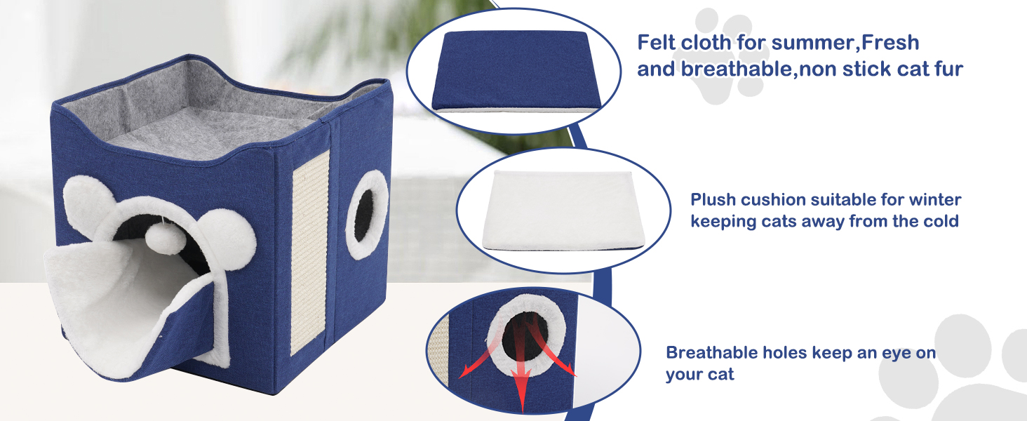 Кіт-будинок складний великий для котів та маленьких собак з когтеточкою та пухнастою кулькою, блакитний