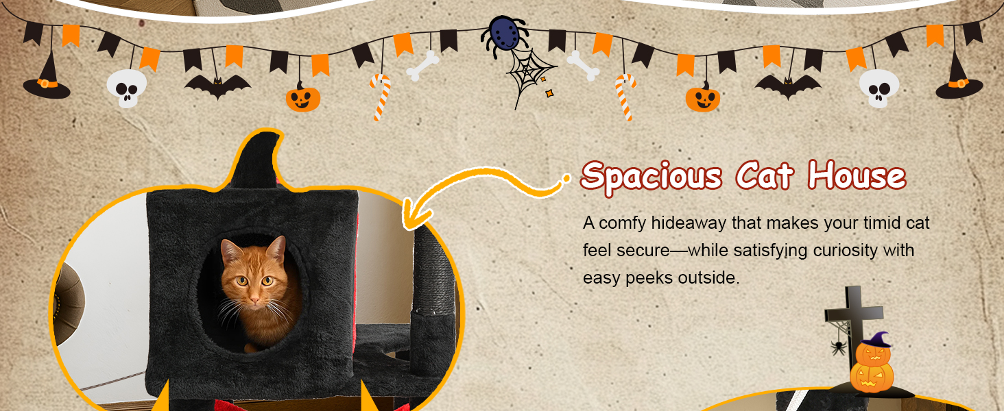 Драматичний котячий комплекс BYBYME в готичному стилі для Хелловін, 158 см, стабільний набір меблів для котів з ліжком, будиночком, гамаком, стовпчиками з сизалю, багатофункціональна котяча ігрова вежа (Чорний/Червоний)