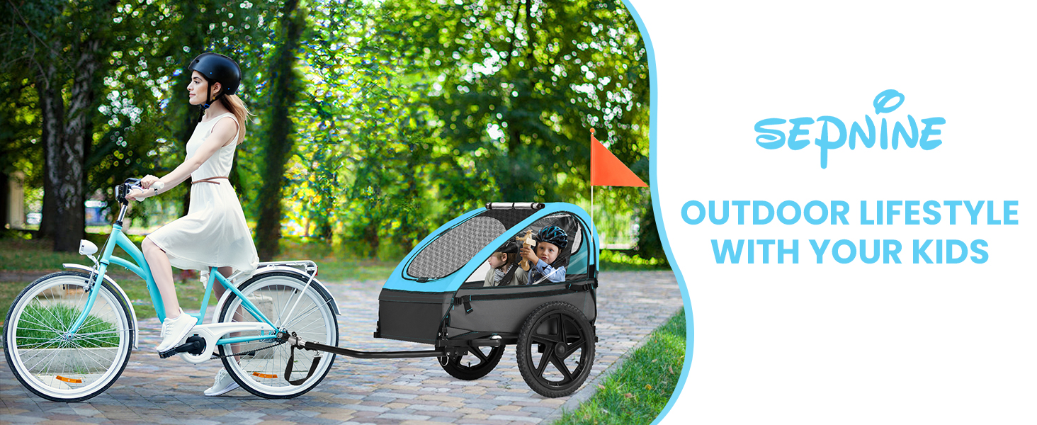 Дитячий велопричіп Sepnine для 2 дітей, від 12 місяців, з 5-точковим ременем та сумками, синій BT609