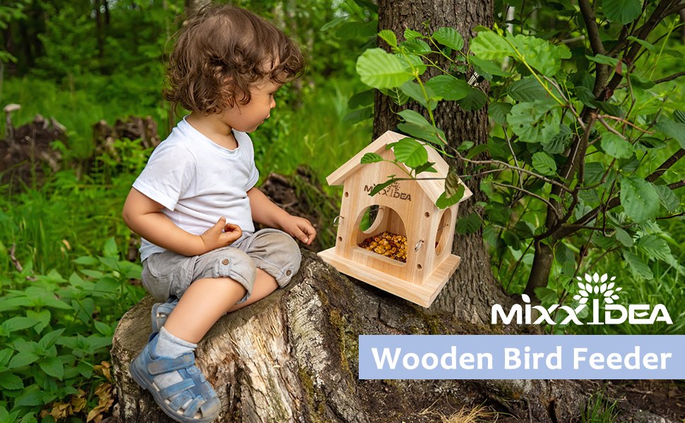 Годівниця для птахів Mixxidea з дерева, багатофункціональна годівниця для диких птахів, підвісна, з кедрової деревини, легко чистити та заповнювати, дерев'яного кольору