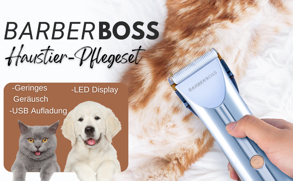Набір для грумінгу тварин BarberBoss QR-9081: тиха робота, 2 швидкості, керамічні леза, USB-зарядка, LED-дисплей, 8 насадок