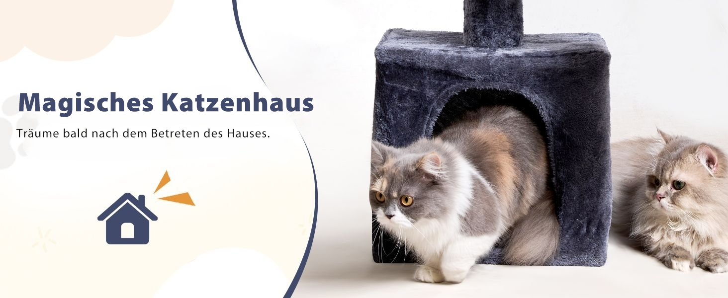 Кігтеточка NEGTTE з регулюванням висоти (230-275см) - кігтечочний комплекс з 2 кігтеточними стовпами, гамаком та будиночком. Вузька кігтеточка висотою для невеликих приміщень, система натягу стелі, страховий ремінь, темно-сірий колір