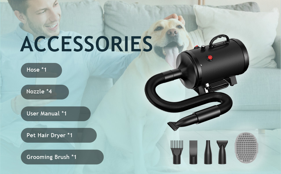 Фен для собак Blower - тихий, 4.5 PS / 3200W, регульована швидкість, 4 насадки, шланг, щітка (чорний)