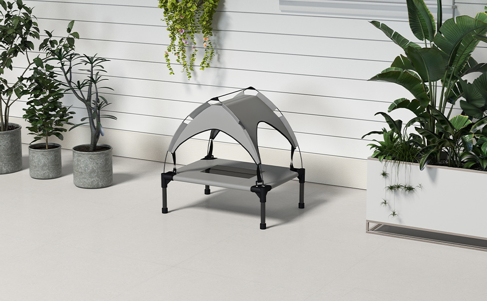 PawHut Підвищене собаче ліжко з балдахіном, ліжко для домашніх тварин, вулична лежанка для собак з дахом, дихаюча, для маленьких та середніх собак, Оксфорд 76 x 61 x 69,5 см (Д 61 x Ш 46 x В 63 см, світло-сірий)