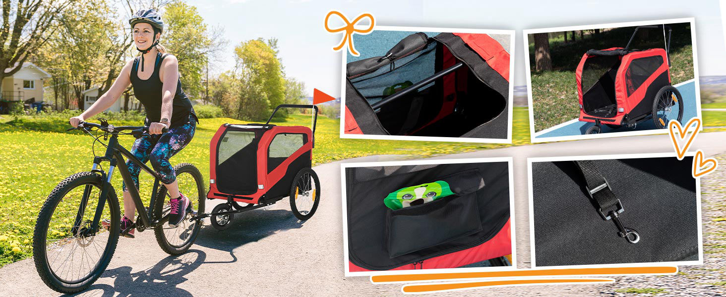 PawHut Причіп для собак 2-в-1, велосипедний причіп для собак, візок для собак з відбивачами, максимальне навантаження 30 кг, для великих собак, матеріал Оксфорд, червоний