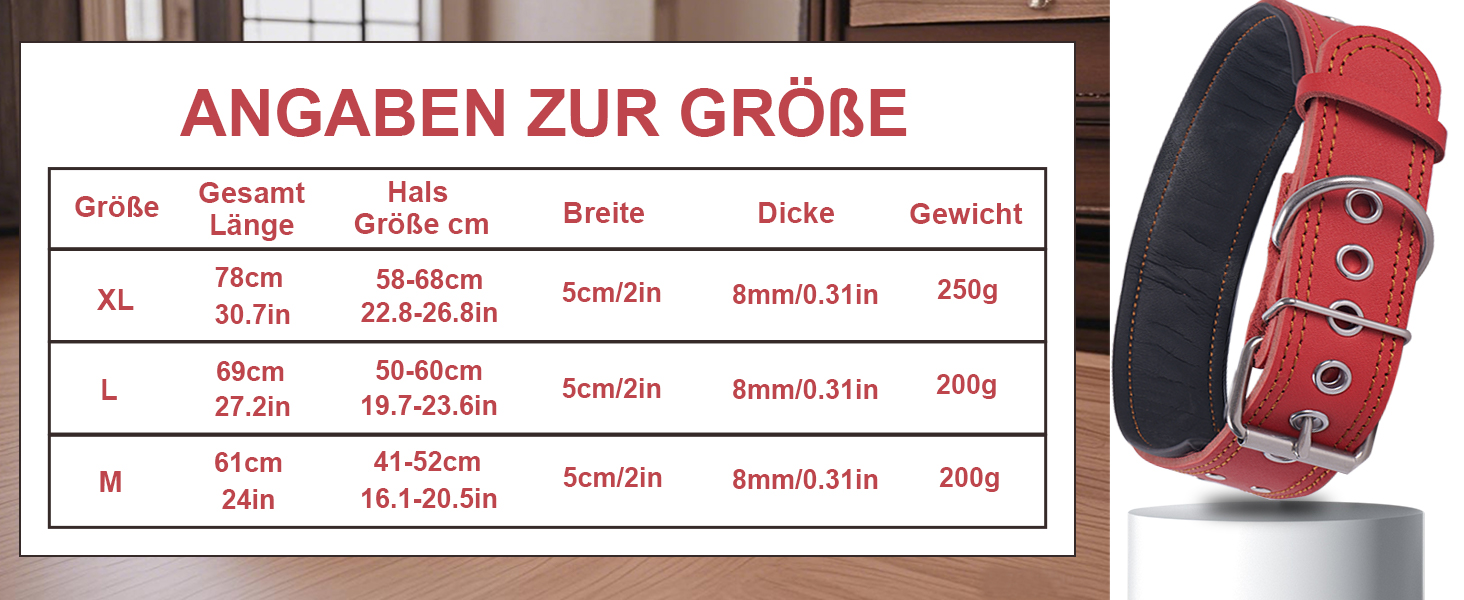Нашийник для собак з натуральної шкіри, XL, червоний. Товстий, м'який, 5 см, для середніх та великих порід