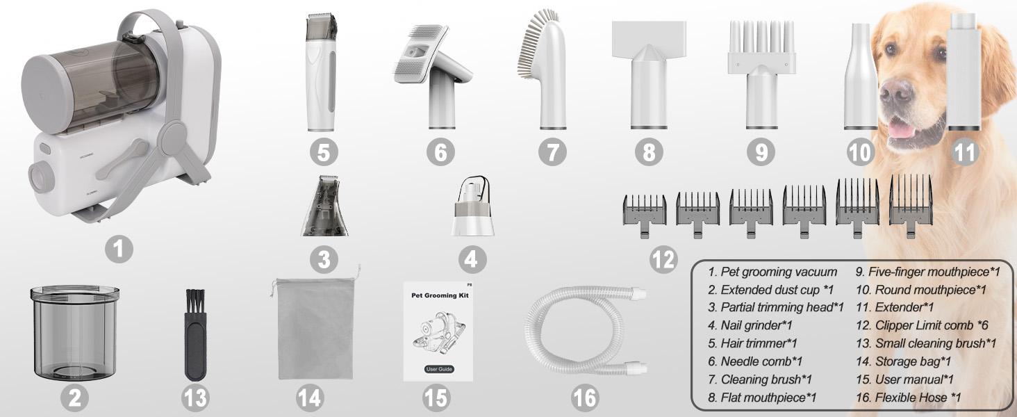 Машина для стрижки собак з пилососом, тиха, для собак та котів. Комплект з 10 інструментів для догляду, контейнер для сміття 2.0 л