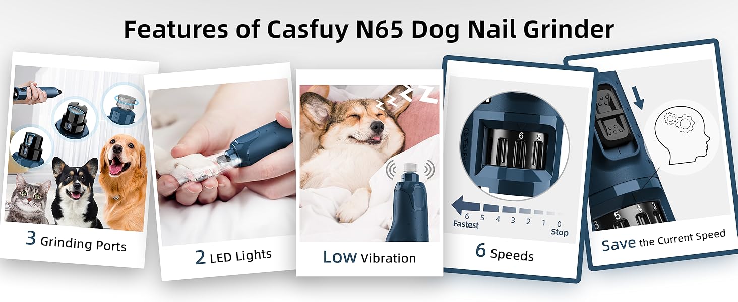 Електричний точилка для кігтів собак та котів Casfuy - 6 режимів, 45 dB, з LED-підсвічуванням, для великих, середніх та маленьких тварин, з захистом від пилу, блакитний