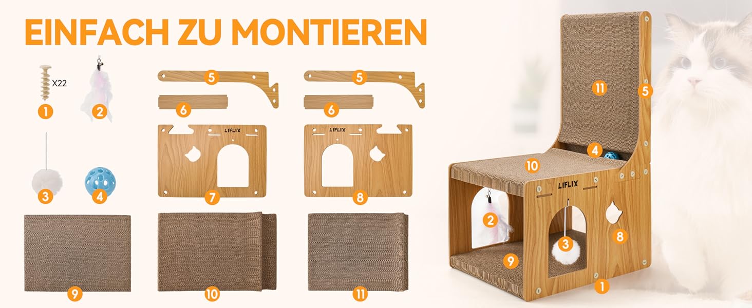 Крізь-дошка для котів LIFLIX L-подібної форми, 67 см, з будиночком для ігор та відпочинку, захист меблів