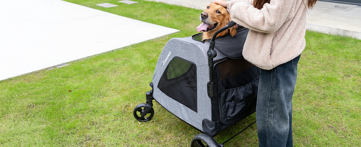 Візок для собак EchoSmile для середніх та великих собак до 70 кг, сірий, складний, з сітчастими віконцями та регульованою ручкою, 4 проходимі колеса
