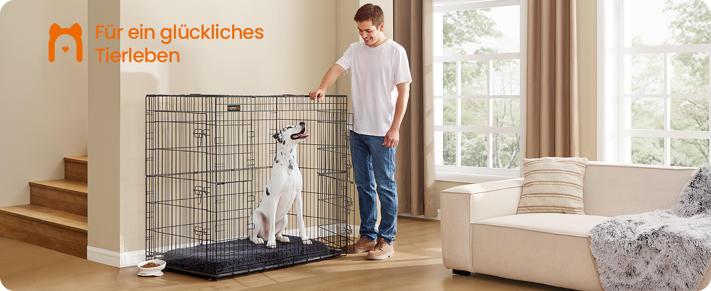 Клітка для собак Feandrea, розкладна, з 2 дверцятами, висувна миска, 122 x 74 x 114 см, XXL, чорна