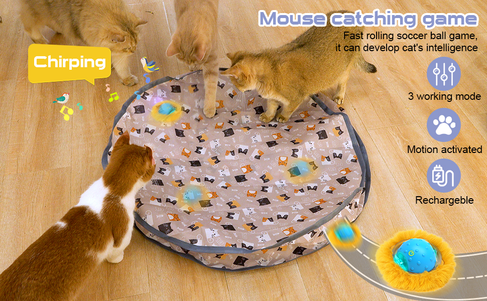 Інтерактивна іграшка для котів PUHOHUN: автоматичний м'ячик, що рухається, з функцією самостійної розваги. Безшумна, з активізацією руху та звуком. Blue