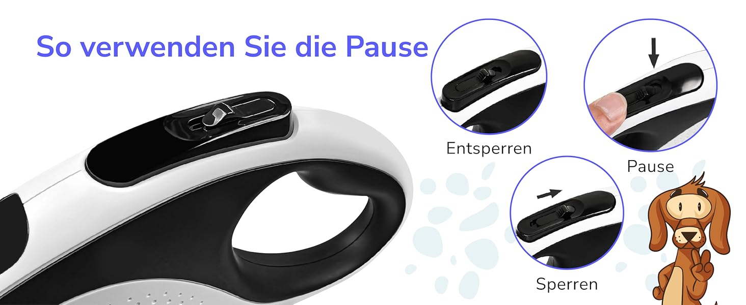 Рулетка для собак Zenova Pets 5м з тримачем для відходів, нейлоновий поводок 360°, антиковзний руків'я та кнопка швидкого гальмування. Підходить для собак великих, середніх та малих порід до 30 кг