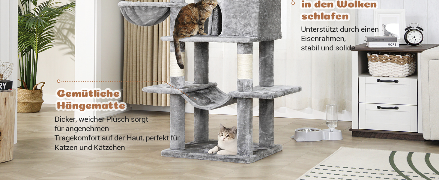 MSmask Котячий будиночок-кігтеточка великий, 180 см, з сизалевих стовпів, 2 платформи, 2 будиночки, кошик, гамак, стабільний, багатоповерховий, сірий