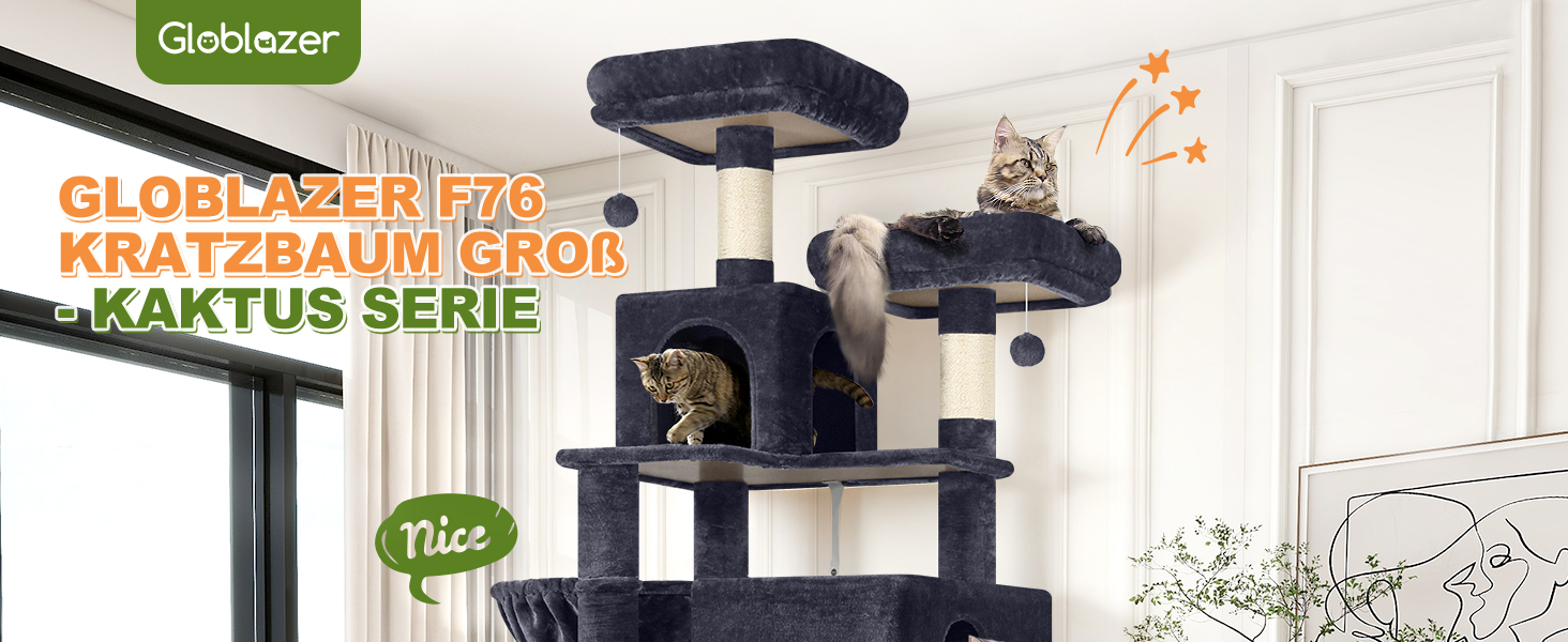 Драбина для котів Globlazer Kaktus XXL 195 см з 2 будиночками, 2 стійками, великою гамаком 50*33 см, кошиком. Стабільна велика драбина для котів, дорослих, відпочинку та ігор в приміщенні (F76).