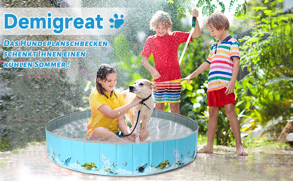 Надувний басейн для собак великих та малих порід Demigreat, 80/120/160 см, складаний, портативний, екологічний PVC, (M:120x30 см, Океан)