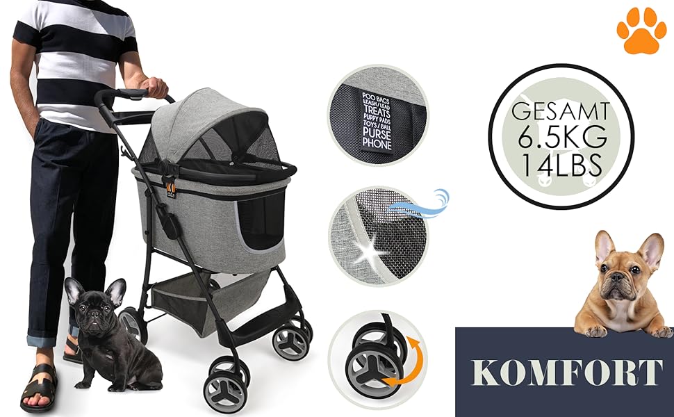 Візок для собак 2-в-1 CECE з переносною коробкою | Складаний візок-коробка для собак сірого кольору з додатковим кошиком для покупок та аксесуарів