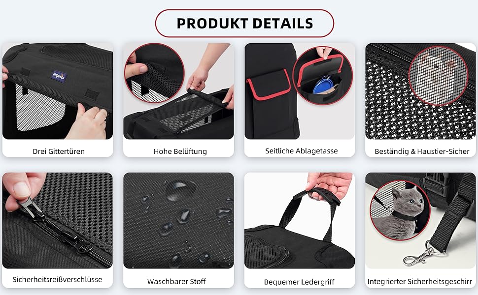 Транспортна переноска для котів та собак Petprsco, 60x42x42 см, чорна. Зігріваюча ковдра, миска та знімний матрац