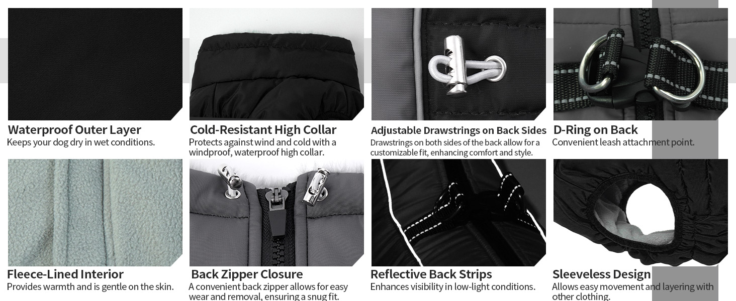 Водонепроникний зимовий одяг для собак, тепла куртка для собак з отвором для шлейки, для малих, середніх та великих собак, з відбиваючими смугами та блискавкою - чорний, XS