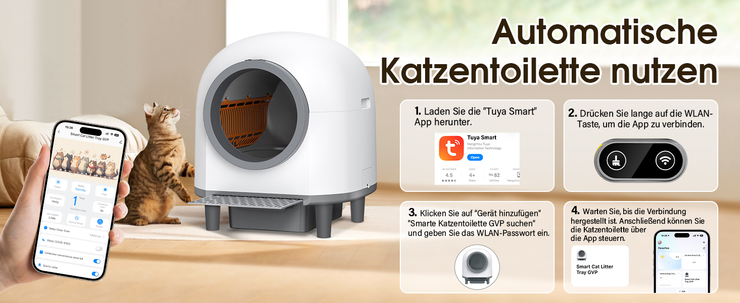 Автоматичний туалет для котів XXL, 80 л, самоочищення, керування через додаток, датчики безпеки, нейтралізація запаху, система безпечного зупинення, білий