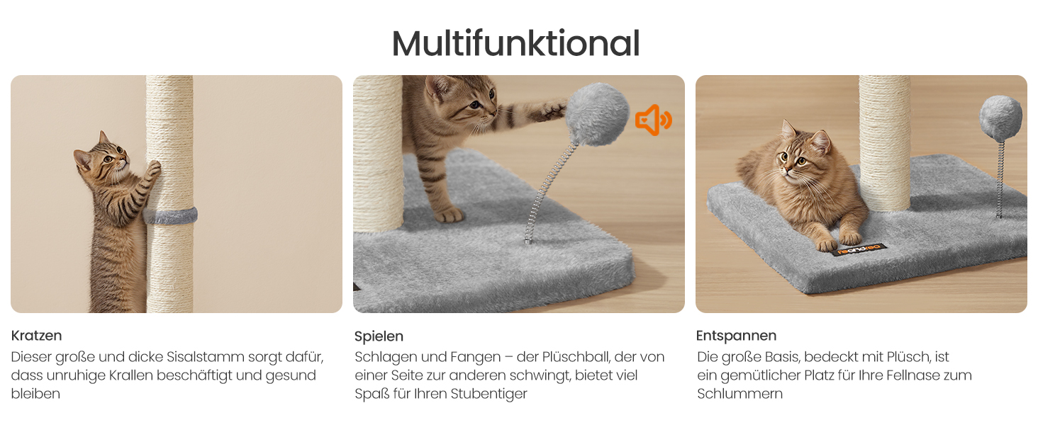 Дряпка для котів Feandrea, 85 см, дряпка-стійка, котячий комплекс, дряпка з сизалю, з плюшевим м'ячиком та дзвіночком, таубенграу PCA040G01