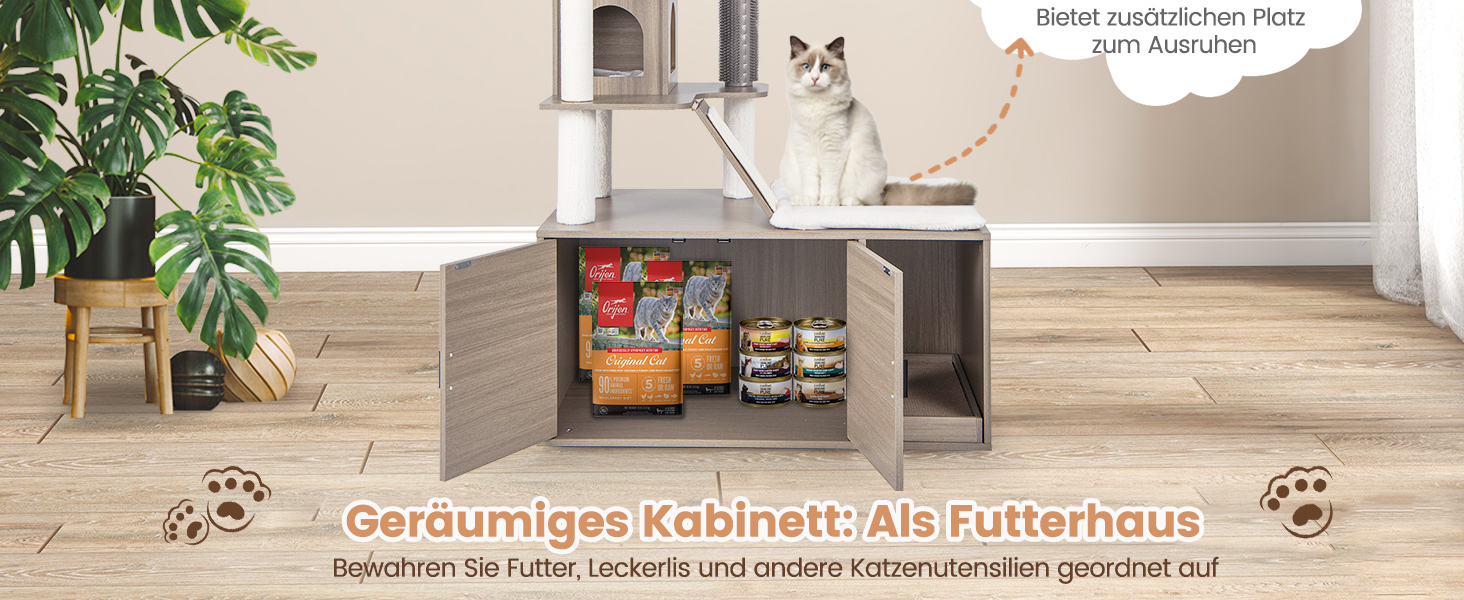 Дім-кігтеточка для котів COSTWAY з будиночком, ігровим м'ячиком та подушкою, сірий, 95x55,5x132 см