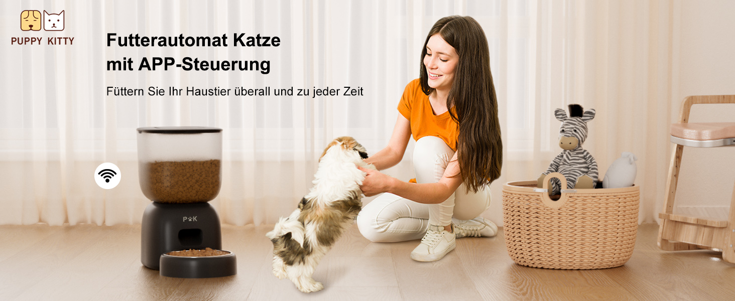 Автоматична годівниця для котів PUPPY KITTY з WiFi, керування через додаток, нержавіюча миска, легке очищення, запис голосу, 1-10 порцій на день