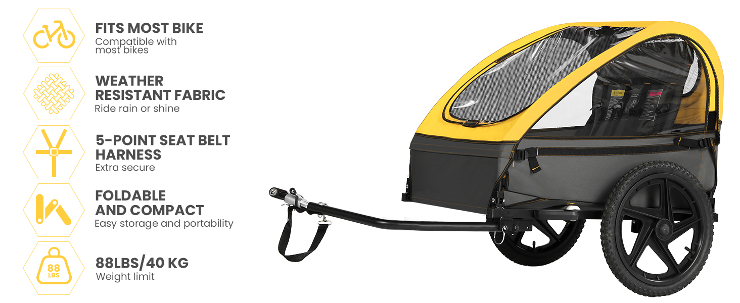 Причеп для велосипеда Sepnine для 2 дітей, від 12 місяців, швидко кріпиться, складаний, з 5-точковим ременем та кишеньками для зберігання, BT609-Жовтий