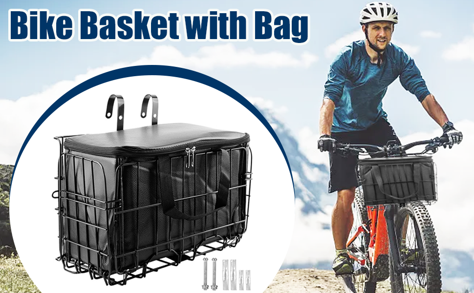 Складаний велосипедний кошик SUQ з чорною нейлоновою сумкою, сталева велосипедна корзина, для тварин, покупок, подорожей, кемпінгу та відпочинку на природі (Чорний)