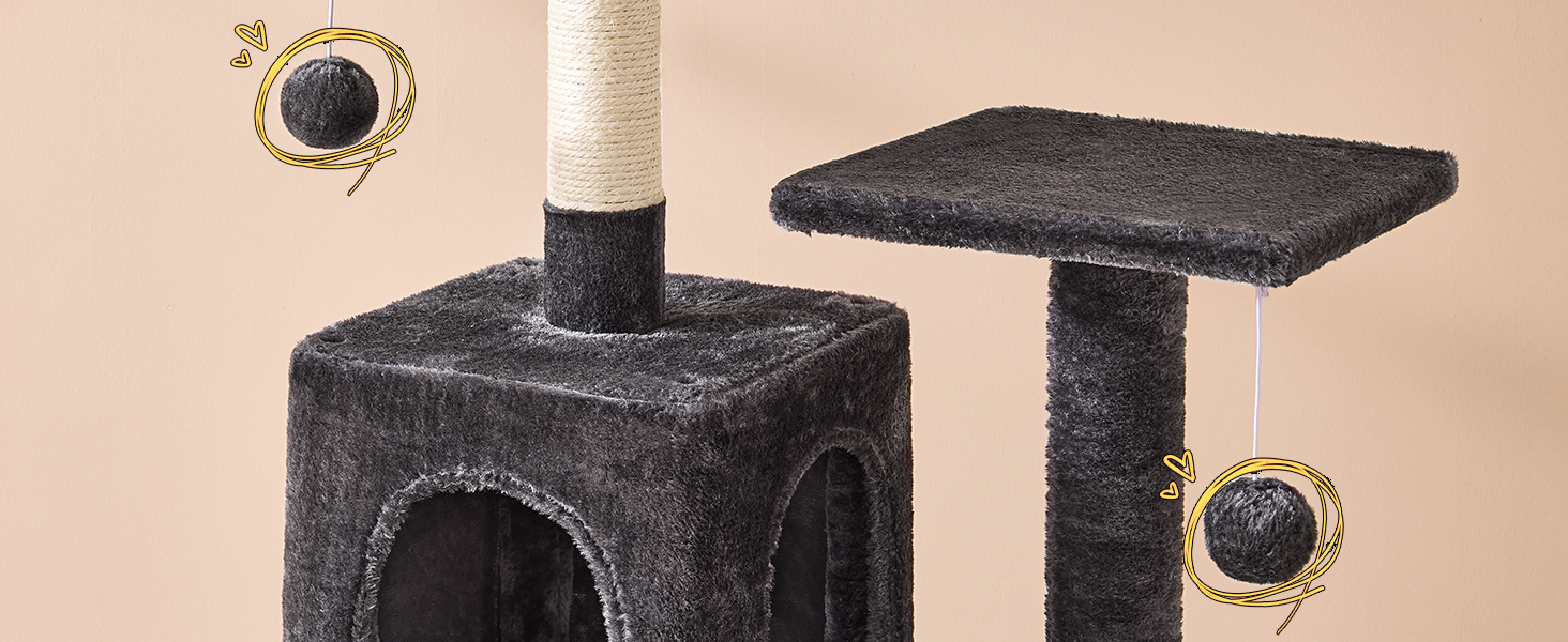 Кігтеточка для котів MSmask велика, 150 см, сіра, з 2 платформами, 2 будиночками, гамаком та сизалевими стовпчиками