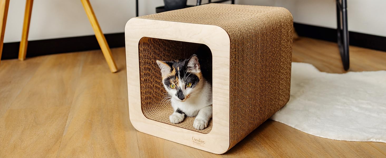 Кігтеточка для котів з картону | Міцна, велика, 2в1 з будиночком | 37 x 30 x 30 см