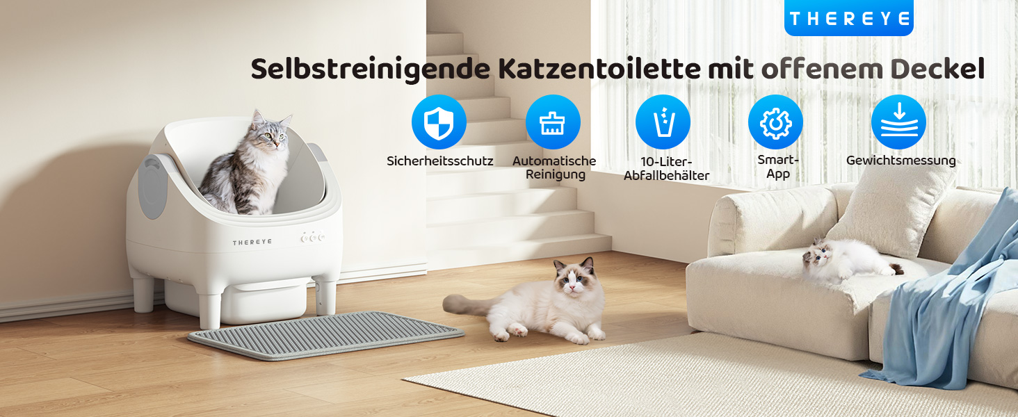 Автоматичний лоток для котів Thereye з самоочищенням, датчиком безпеки та мобільним додатком, тихий дизайн, видалення запаху, для котів вагою 1,5-12,5 кг, захист від защемлення, 14 днів відходів