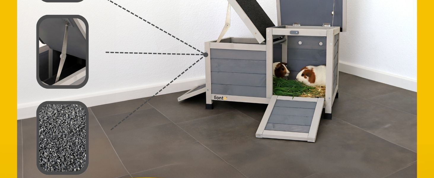 Клітка для кроликів Lionto з дерева з двома входами, 70x43x45 см, водостійке дах з бітуму та пластикові ніжки, для внутрішнього та зовнішнього використання, зимостійка, сучасний дизайн