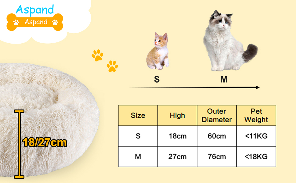 М'яке ліжко для кота Aspand, 60 см Ø - зручне та тепле місце для сну з антиковзною основою, Бежевий колір, 60x60x18 см