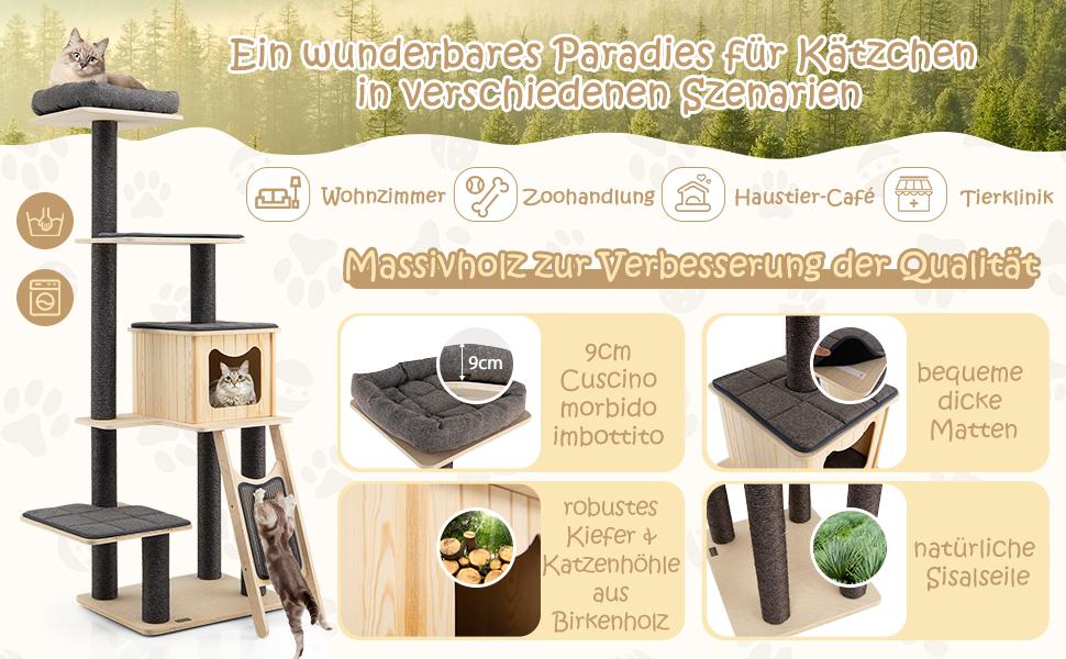 Дерев'яний котячий комплекс COSTWAY, 175 см, з будиночком, сизалевими стовпчиками, платформами та дряпалкою, 6-ярусний, сірий+бежевий