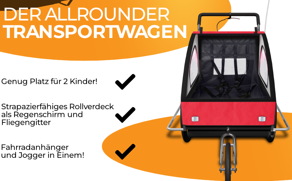 SAMAX Fahrradanhänger Jogger 2в1: Дитячий велопричіп-коляска для 2 дітей з підвісною віссю (червоний/чорний, срібляста рама)