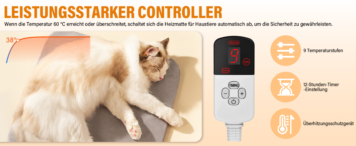 Електрична грілка для котів та собак 45x45 см, 9 рівнів нагріву, таймер 12 годин, з автовимкненням, фланелевий чохол, можна прати