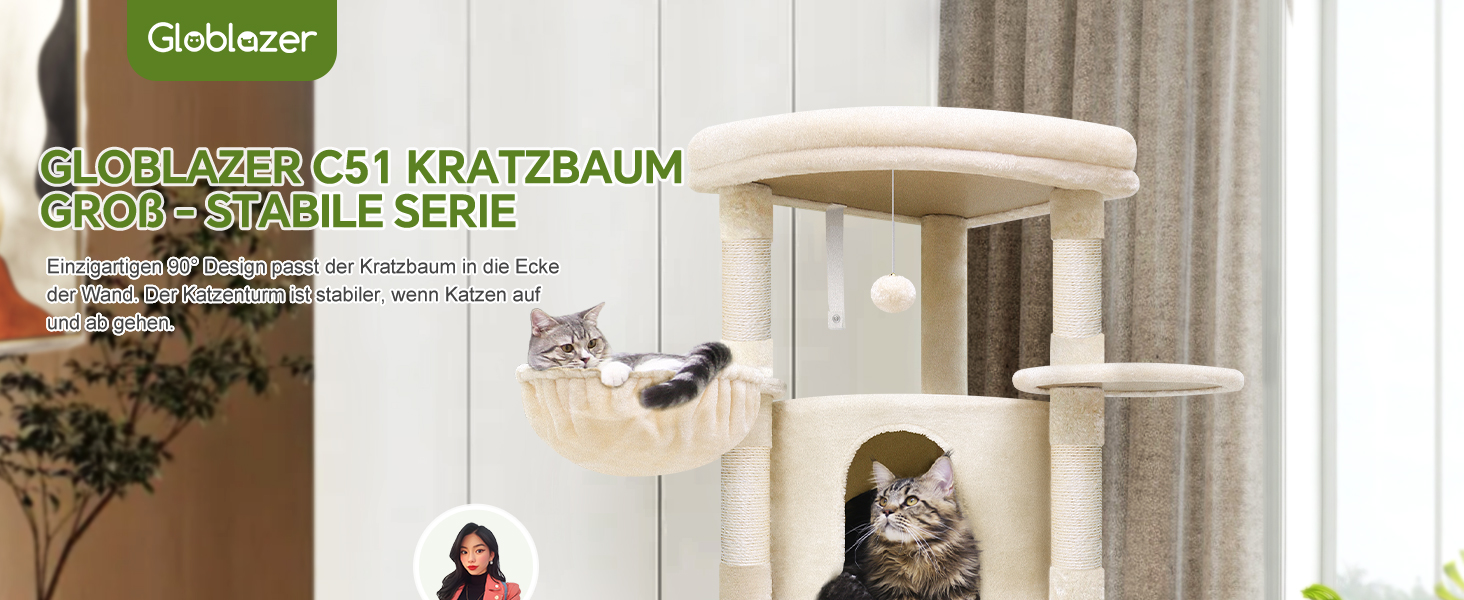 Котячий будиночок Globlazer з подряпуванням, великий, бежевий, 130 см. Стабільний кутовий котячий комплекс з будиночком, платформою, гамаком та м'яким кошиком для кількох котів.