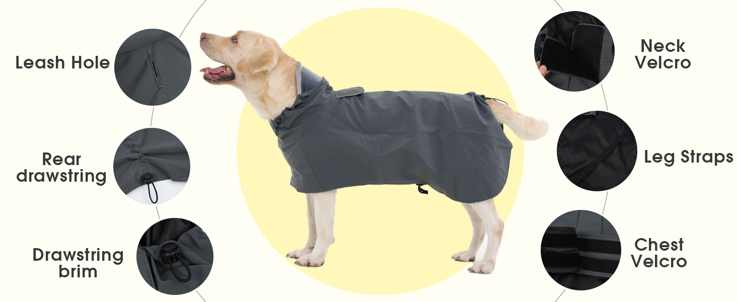 Жовтий дощовик для собак M, водонепроникний дощовик з капюшоном, світловідбиваючі елементи, регульований, з петельками для ніг та отвором для повідка, для собак маленьких, середніх та великих порід