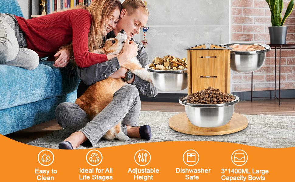 Підвищений годівниця для великих собак, регульована висота, 3 миски з нержавіючої сталі 1400 мл, годівниця-станція на 3 сторони, підставка для собак з дерева та срібла