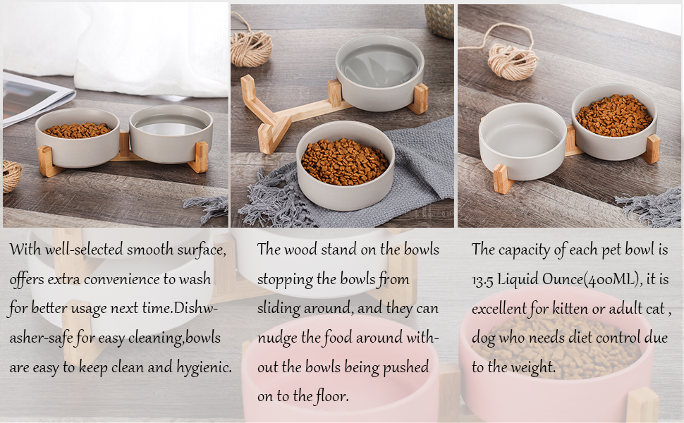 Набір мисок для собак та котів з кераміки, зелений колір, з дерев'яною підставкою (2 шт.), об'єм 400 мл (2 шт.)