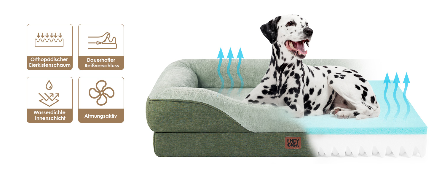 Ортопедичне ліжко для собак середніх порід, 91x68x17.5 см, Memory Foam, водонепроникне, з 4 бортиками, антиковзаюче, зелене