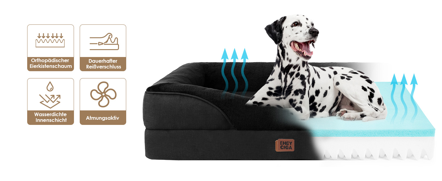 Ортопедичне ліжко для собак великих порід EHEYCIGA, 106.5x76x18.5 см, з піною з пам'яті, миється, водонепроникне, чорне