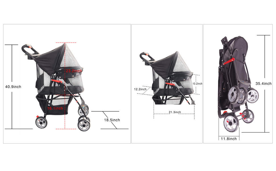 Чотирьохколісний візок для тварин FourPaw з повним оглядом, з замком, для котів та собак, з кошиком для зберігання та тримачем для напоїв
